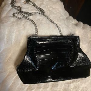 Black patent leather BCBG evening bag with chain strap